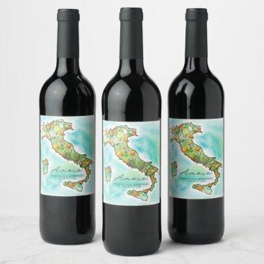Italy Sea | Amore Watercolor Map Wedding Wine Label