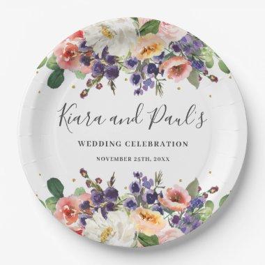 Ivory Blush Purple Peach Floral Greenery Wedding Paper Plates