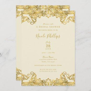 Ivory Cream & Gold Lace Elegant Bridal Shower  Invitations
