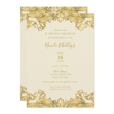 Ivory Cream & Gold Lace Elegant Bridal Shower  Invitations