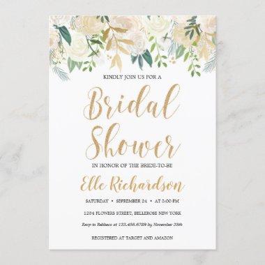 Ivory floral gold glitter cream boho bridal shower Invitations