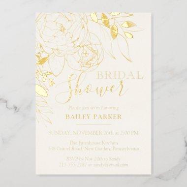 Ivory & Gold Modern Floral Peony Bridal Shower Foil Invitations
