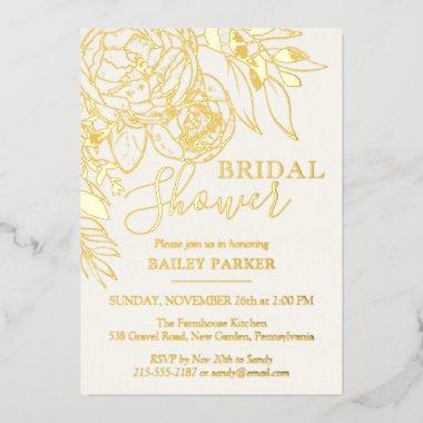 Ivory & Gold Modern Floral Peony Bridal Shower Foil Invitations