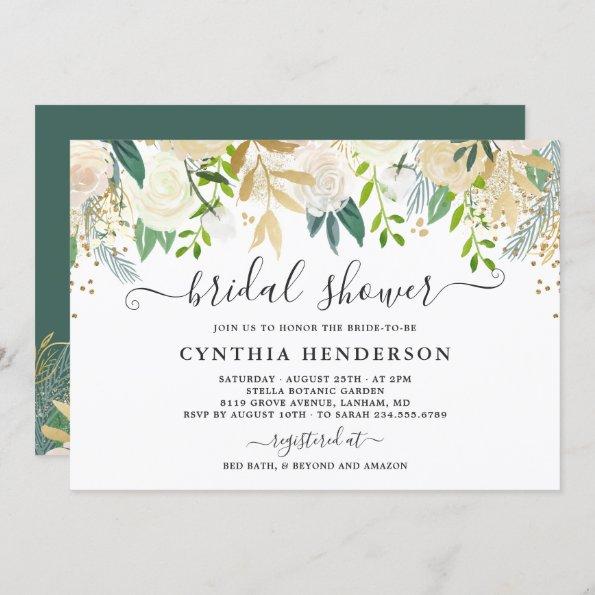 Ivory Greenery Gold Bloom Floral Bridal Shower Invitations