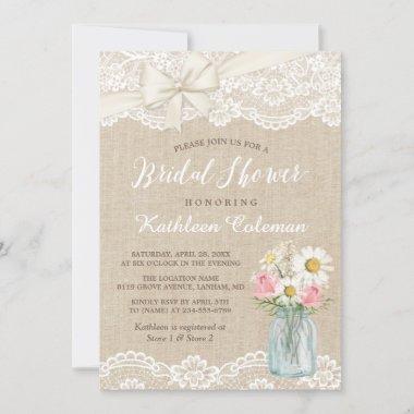 Ivory Lace Burlap Mason Jar Floral Bridal Shower Invitations