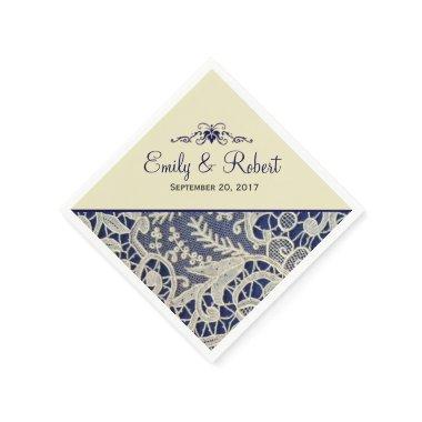 Ivory Lace Navy Blue Elegant Formal Wedding Napkins