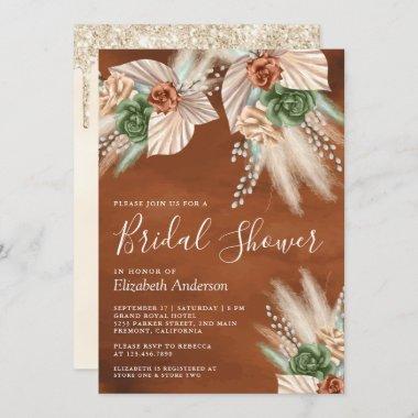 Ivory Palm Earthy Floral Pampas Rust Bridal Shower Invitations