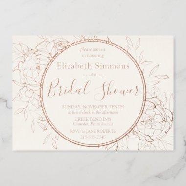 Ivory & Rose Gold Modern Peony Toile Bridal Shower Foil Invitations