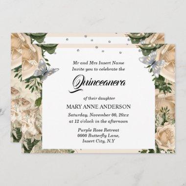 Ivory silver butterfly elegant rose quinceanera Invitations