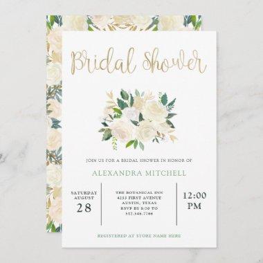 Ivory Watercolor Floral with Gold | Bridal Shower Invitations