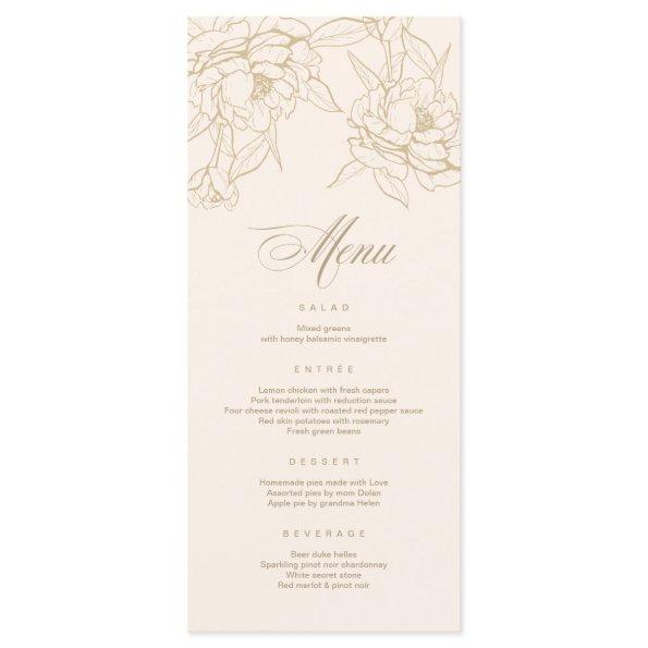 Ivory Wedding Menu , with gold floral Peony