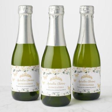 Ivory White Floral Butterfly Quinceañera Birthday Sparkling Wine Label