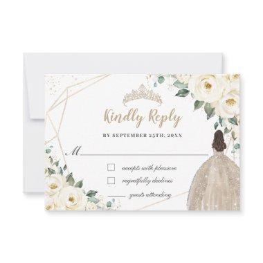 Ivory White Floral Quinceañera Champange Dress RSVP Card