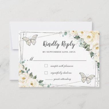 Ivory White Floral Silver Quinceañera Butterflies  RSVP Card
