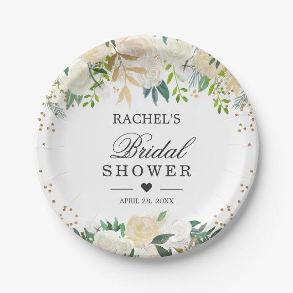 Ivory White Green Floral Bridal Shower Paper Plates