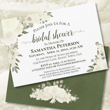 Ivory White Roses Watercolor Floral Bridal Shower Invitations