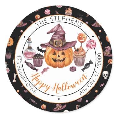 JackOLantern Witch Happy Halloween Return Address Classic Round Sticker