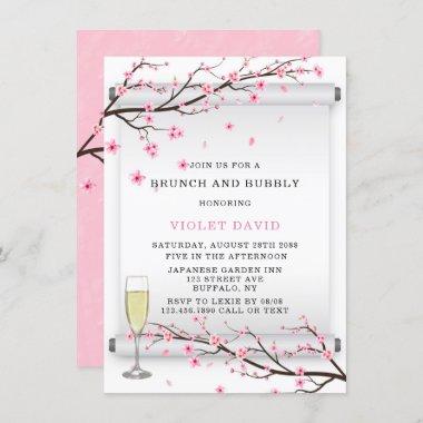 Japanese Scroll Cherry Blossom Brunch & Bubbly Invitations