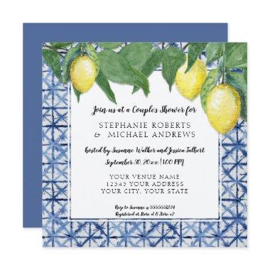 Japanese Shibori Blue n White Lemon Couples Shower Invitations