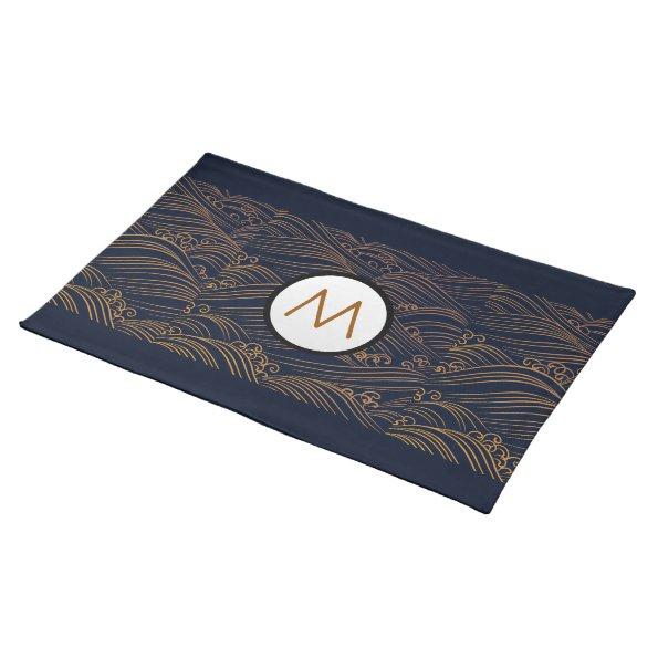 Japanese Waves Pattern Dark Blue Gold Personalized Placemat
