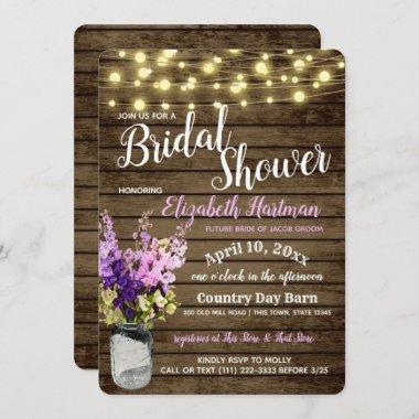 Jar of Delpheniums and Lights Rustic Bridal Shower Invitations