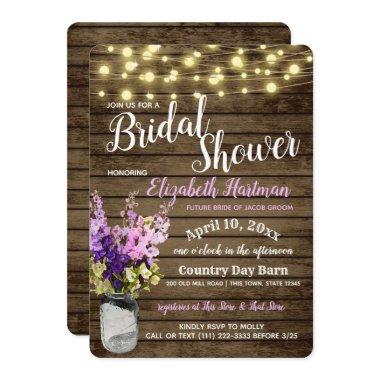 Jar of Delpheniums and Lights Rustic Bridal Shower Invitations