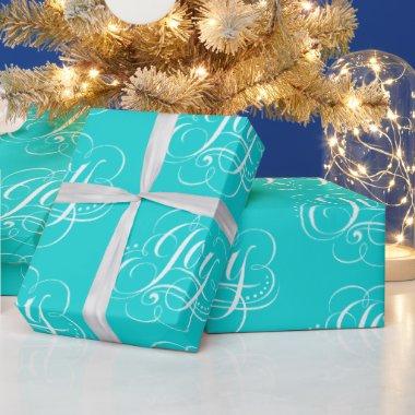 JOY Lettering Fashionable Flourished Aqua Blue Wrapping Paper