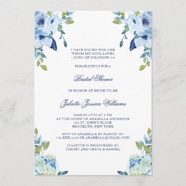 Juliette Elegant Floral Dusty Blue Bridal Shower Invitations