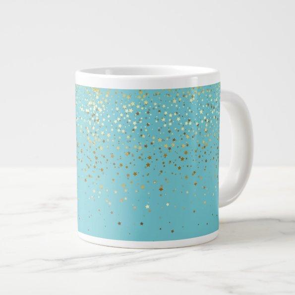 Jumbo Mug-Petite Golden Stars-Aqua Large Coffee Mug
