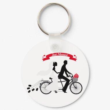Just married bride and groom on tandem bicycle keychain