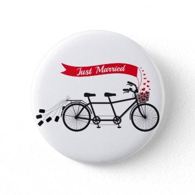 Just married, wedding tandem bicycle pinback button