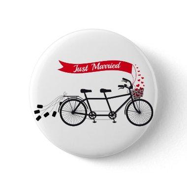 Just married, wedding tandem bicycle pinback button