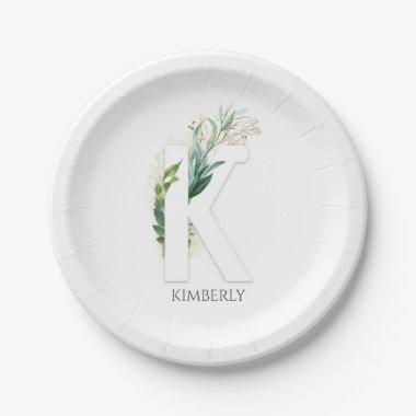 K Monogram Gold Greenery Leaves Elegant Name Paper Plates