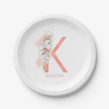 K Monogram Name Pampas Grass White Orchids Paper Plates