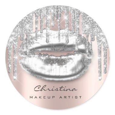 Kiss Lips Makeup Artist Glitter Drips Sparkly Gray Classic Round Sticker