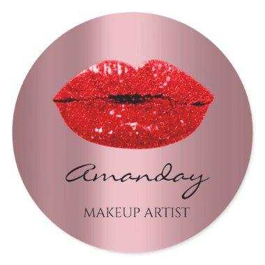 Kiss Lips Makeup Artist Name Thank Rose Red Classic Round Sticker