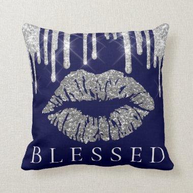 Kiss Lips Silver Gray Drips Glitter Navy Blessed Throw Pillow