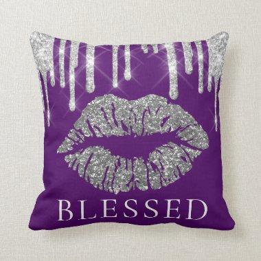 Kiss Lips Silver Gray Drips Glitter Purple Blessed Throw Pillow