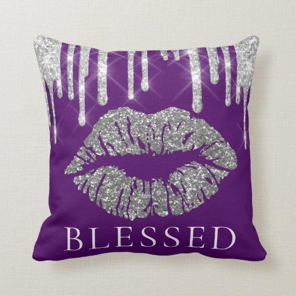 Kiss Lips Silver Gray Drips Glitter Purple Blessed Throw Pillow