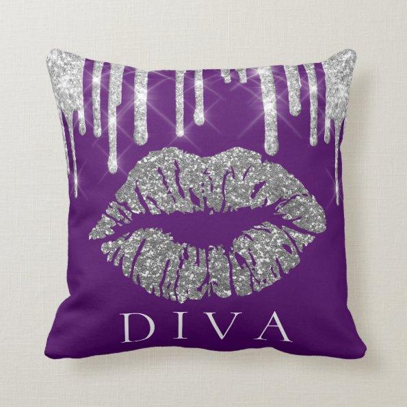 Kiss Lips Silver Gray Drips Glitter Purple Diva Throw Pillow
