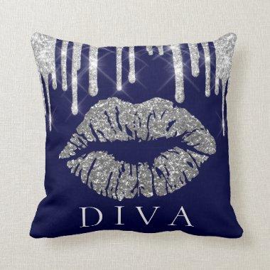 Kiss Lips Silver Gray Grey Drips Glitter Navy Diva Throw Pillow