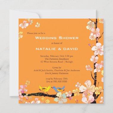 Kissing Birds Tangerine Wedding Couples Shower Invitations