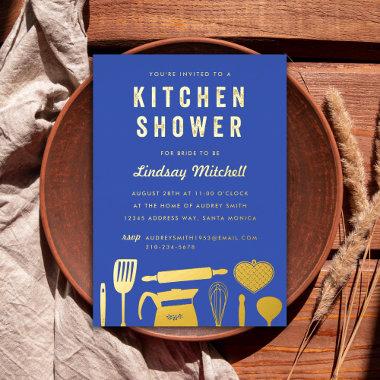 Kitchen Items Bridal Shower Blue Gold Foil Invitations