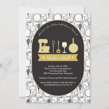 Kitchen theme Bridal Shower Invitations black gold
