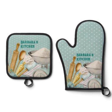 Kitchen Tools Baking Supplies Blue Polka Dots Oven Mitt & Pot Holder Set
