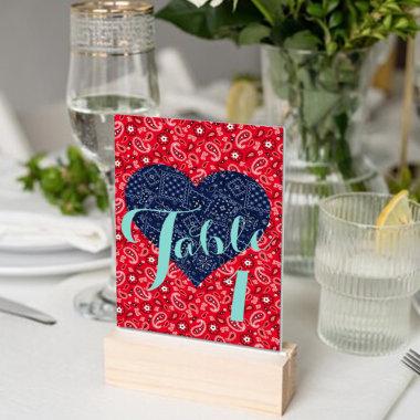 Kitsch Red & Blue Country Wedding Party Table Number