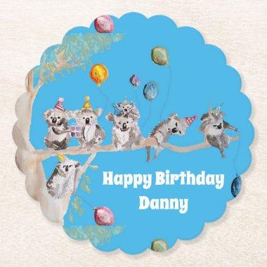 Koala Birthday Party Blue Paper Party Coaster
