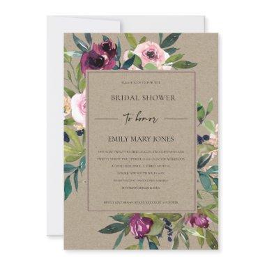 KRAFT BLUSH BURGUNDY FLORAL BUNCH BRIDAL SHOWER Invitations