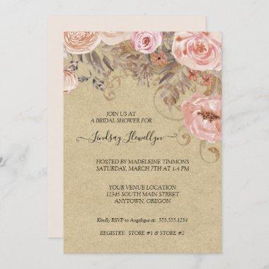Kraft Floral Boho Peach Rose Gold Bridal Shower Invitations
