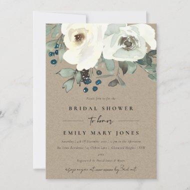 KRAFT IVORY WHITE FLORAL WATERCOLOR BRIDAL SHOWER Invitations